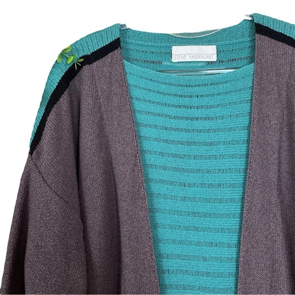 Vtg Steve Fabrikant 2 Pc Set Knit Cardigan Sweater Top Teal Green Gray Size M - Picture 6 of 11